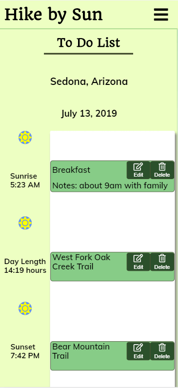 Screenshot of Hike by Sun's to do list section